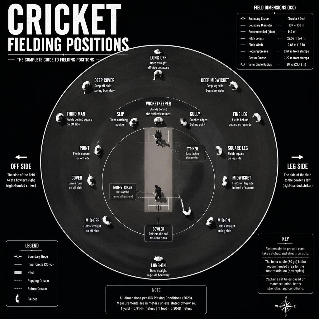 Top-down cricket field infographic with labeled fielding positions, player icons, pitch markings, off side and leg side markers.