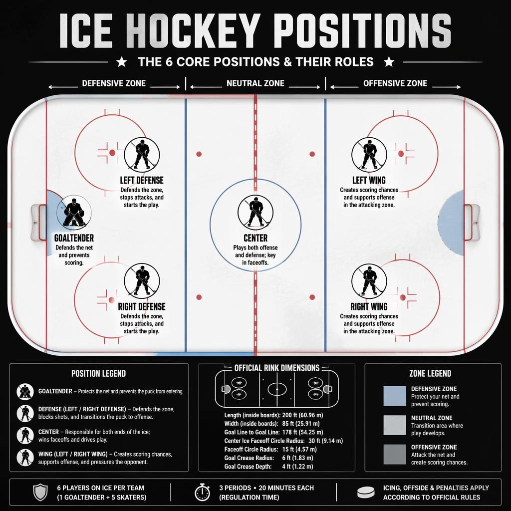 Monochrome sports infographic poster showing a top-down ice hockey rink with labeled standard positions and role captions.
