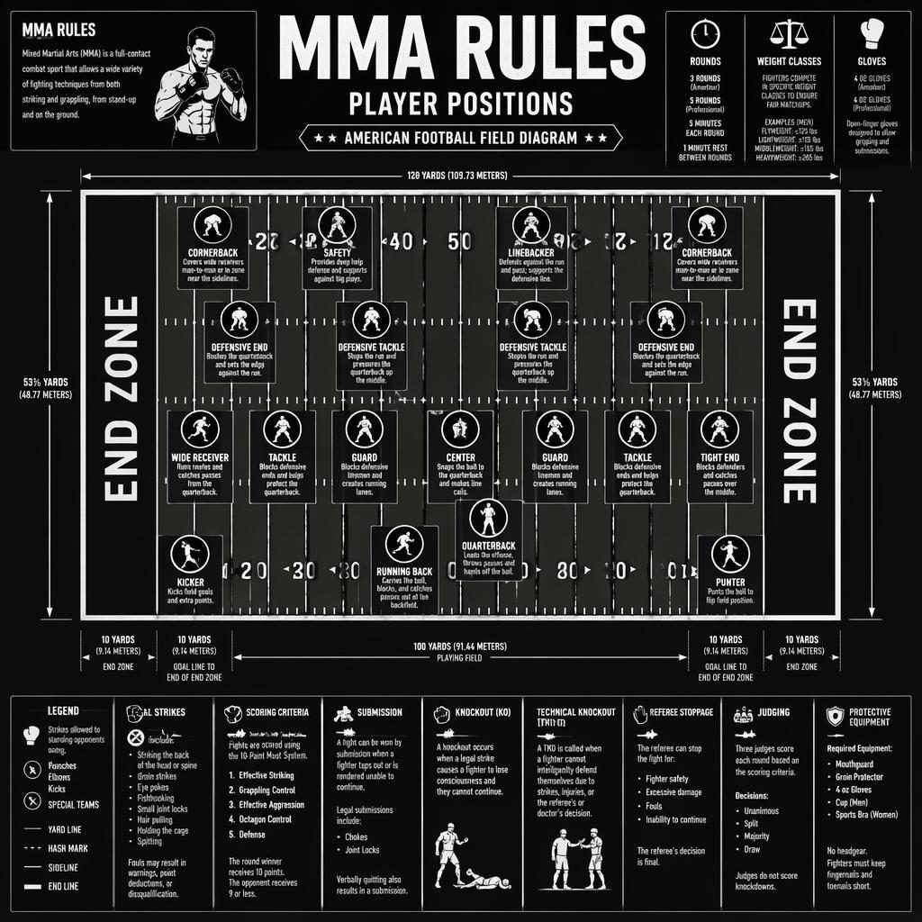 Top-down American football field infographic with player position icons, labels, yard lines, and MMA rules panels.
