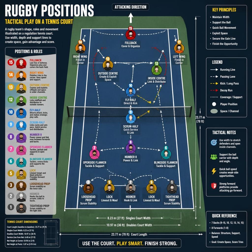 Top-down tennis court infographic with rugby positions, Xs and Os routes, arrows, legend, and English role labels.