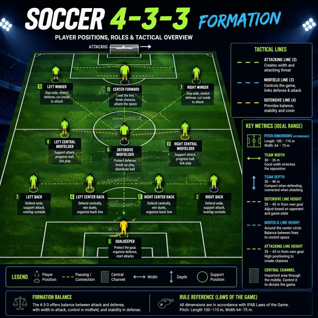 Top-down soccer pitch infographic showing a 4-3-3 formation with labeled player positions, role captions, legend, and metrics.