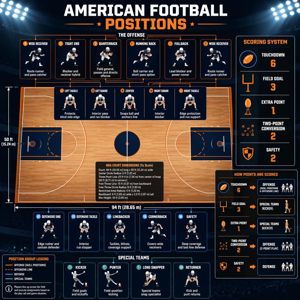 Top-down basketball court infographic showing American football positions, role panels, player icons, and scoring legend.