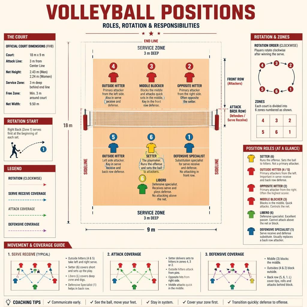 Top-down volleyball court infographic with 6 labeled player positions, zones 1–6, rotation legend, and coaching callouts.