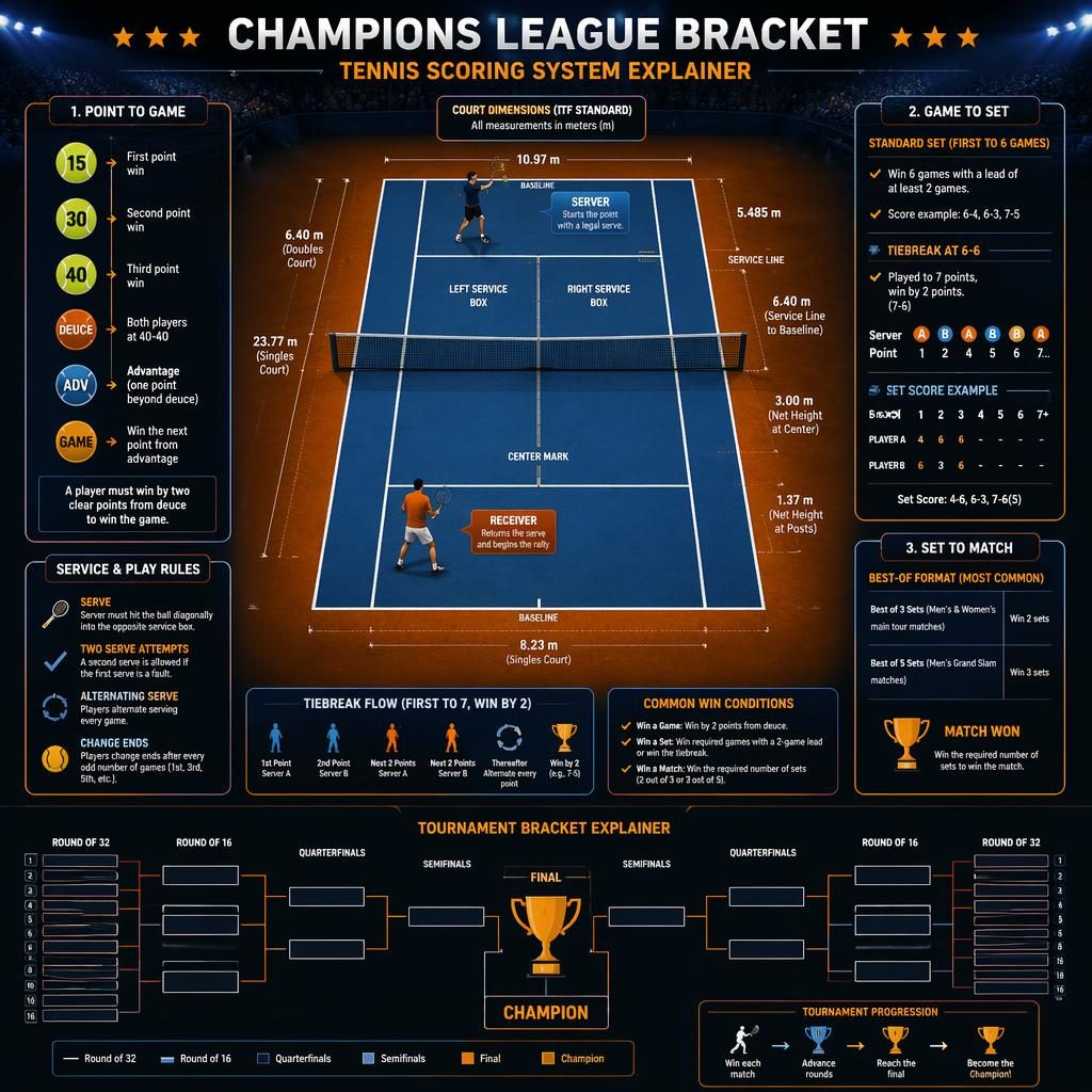 Top-down tennis court infographic in a dark stadium with bracket motif, scoring flow, and Server and Receiver labels.