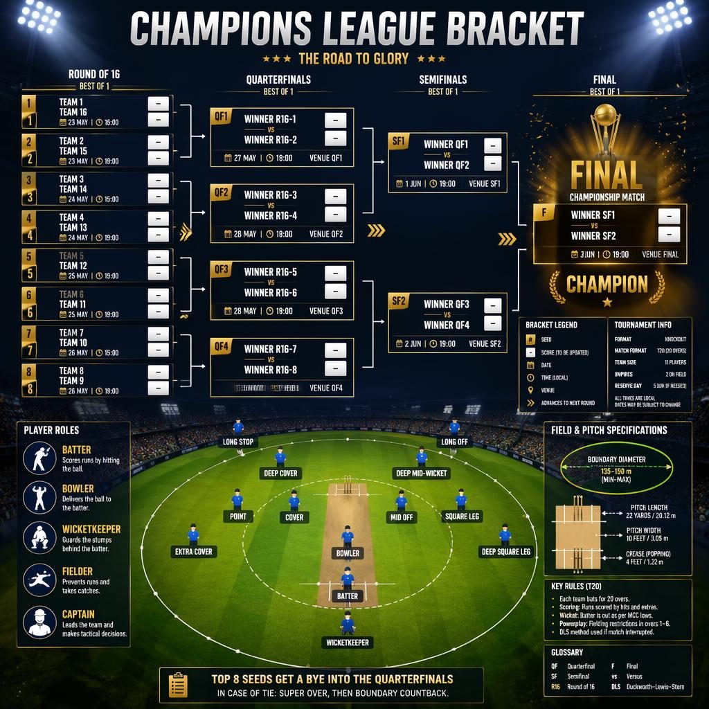 Cricket tournament bracket infographic with knockout rounds, field diagram, player role icons, and championship final highlight.