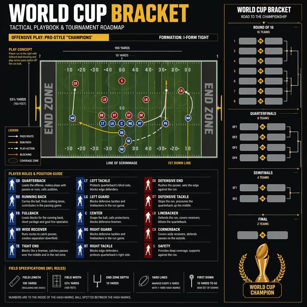 Top-down american football field infographic with labeled positions, Xs and Os play routes, and a side panel world cup bracket.