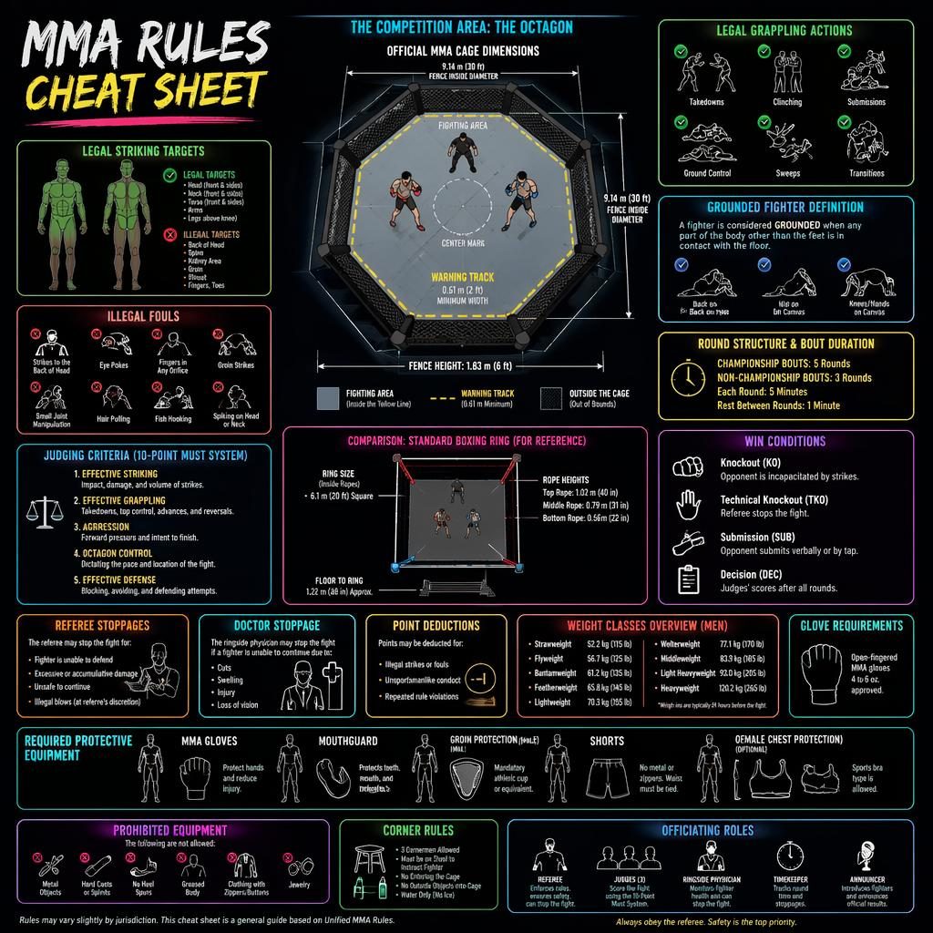 Neon sketchnote sports infographic showing an MMA octagon, ring inset, rule panels, strike zones, fouls, gear, and icons.