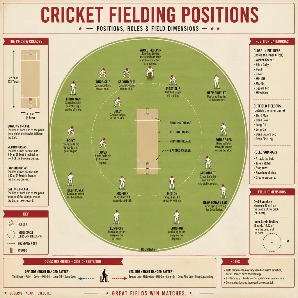 Top-down cricket fielding positions infographic with labeled player icons, pitch markings, boundary rope, and vintage cream-red style.