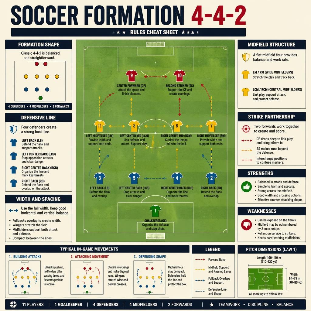 Editorial soccer infographic of a 4-4-2 formation on a top-down pitch with labeled player roles, tactical arrows, and rule sections.