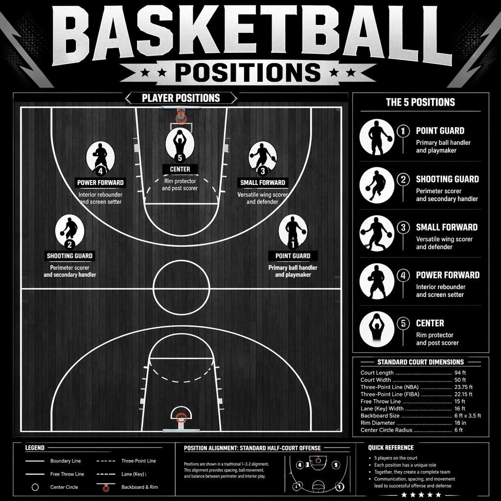 Top-down basketball court infographic with five labeled player positions, role captions, hoops, arcs, key, and center circle.