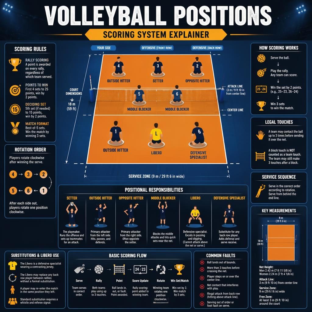 Infographie sportive d’un terrain de volley vu du dessus avec 6 postes, flèches de rotation et panneaux de règles.