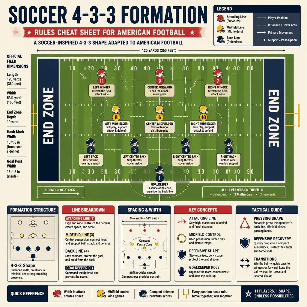 Top-down American football field infographic with 11 player icons in a soccer 4-3-3 layout, labels, arrows, and cheat-sheet panels.