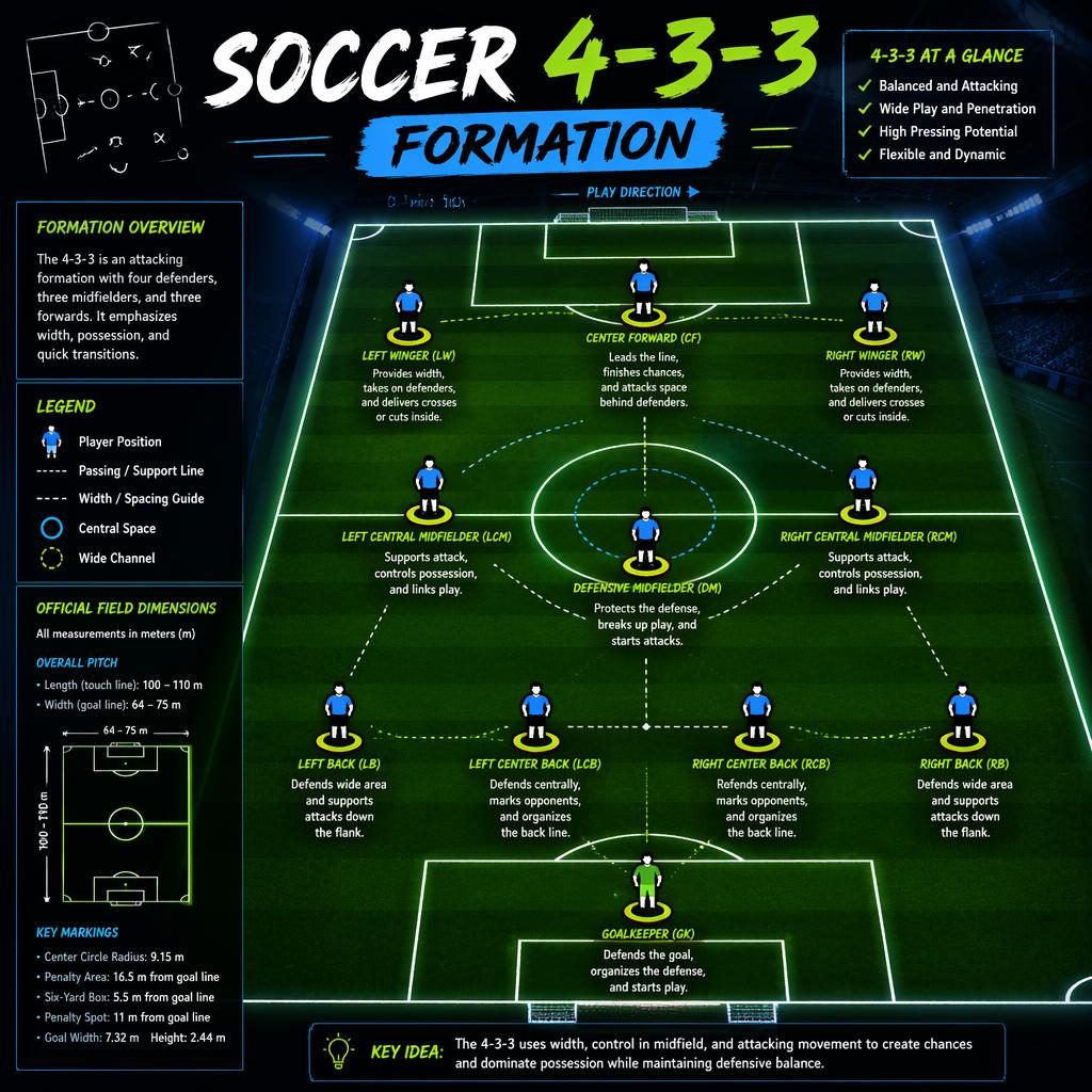 Infografía de fútbol con campo visto desde arriba y formación 4-3-3, iconos de jugadores, etiquetas en inglés y líneas tácticas.