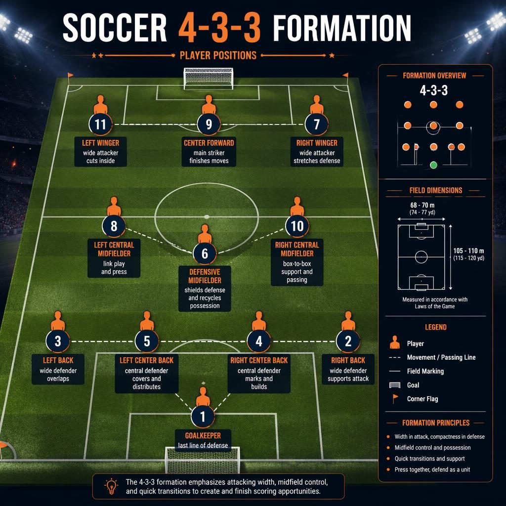 Top-down-Fußballfeld als Infografik mit 4-3-3-Formation, Spielericons, englischen Positionslabels in Orange und Navy.