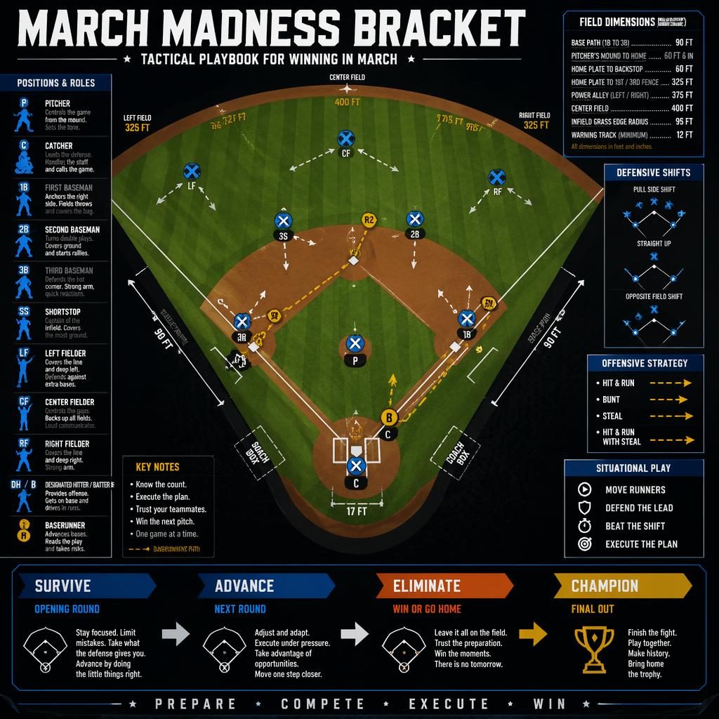 Top-down baseball tactics infographic with summit 4 bracket flow, Xs and Os, arrows, defensive shifts, labels, and icons.