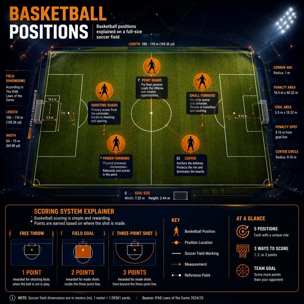 Top-down soccer field infographic with five basketball positions, scoring explainer panel, dark stadium, orange and navy layout.