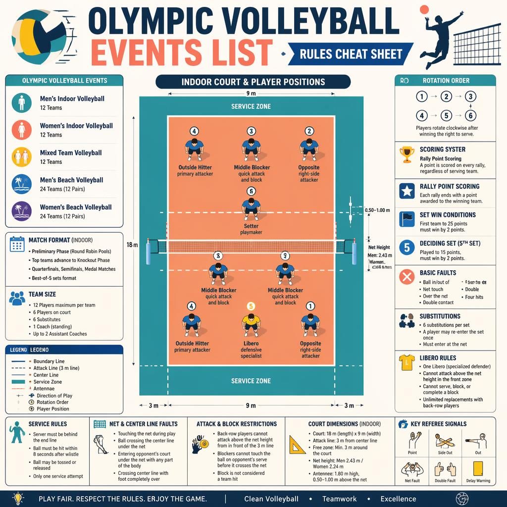 Top-down Olympic volleyball rules cheat sheet infographic with court diagram, player roles, event list, scoring, faults, and signals.