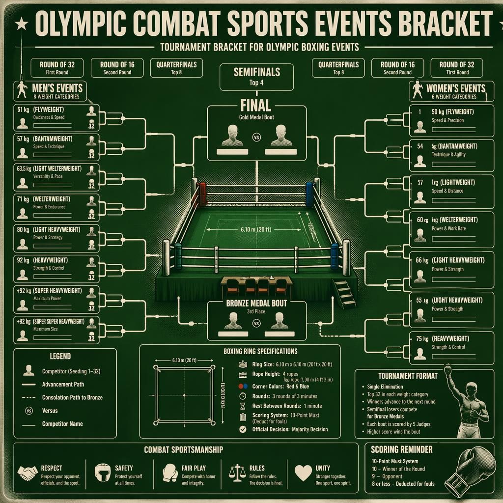 Retro green sports bracket infographic with boxing ring center, combat event paths, medal rounds, and silhouette slots.