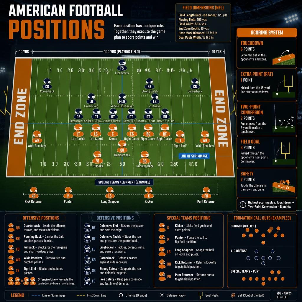 Top-down American football infographic on a dark stadium field with position icons, labels, scoring panel, and orange navy design.