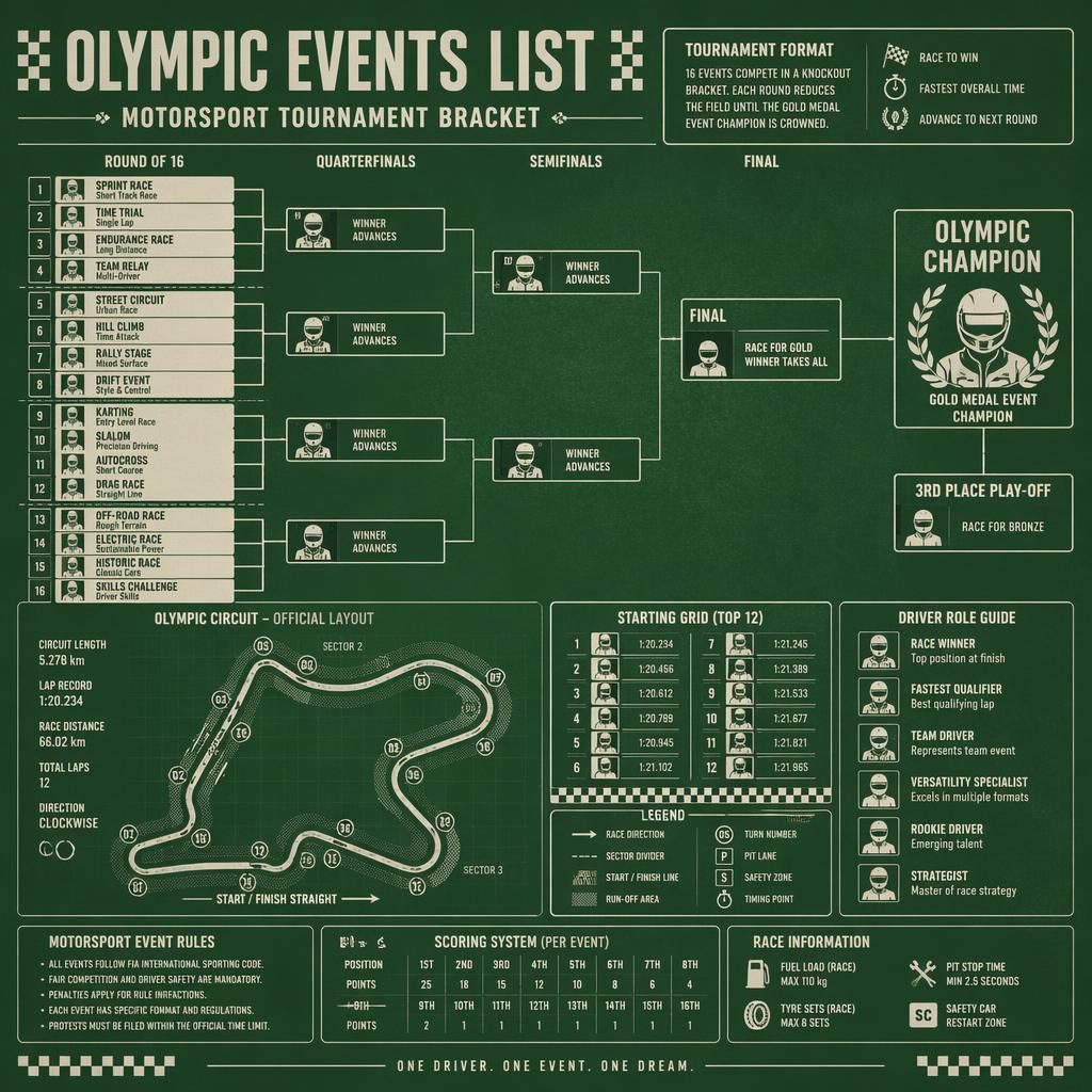 Retro green and white motorsport bracket infographic with circuit map, race slots, driver icons, timing boxes, and flags.
