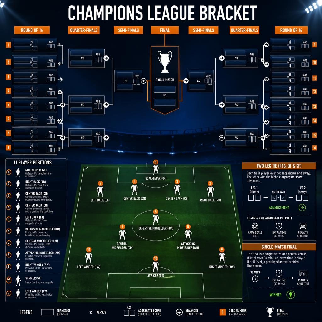 UEFA-style football knockout bracket infographic with blank editable slots, dark stadium background, pitch diagram and player roles.