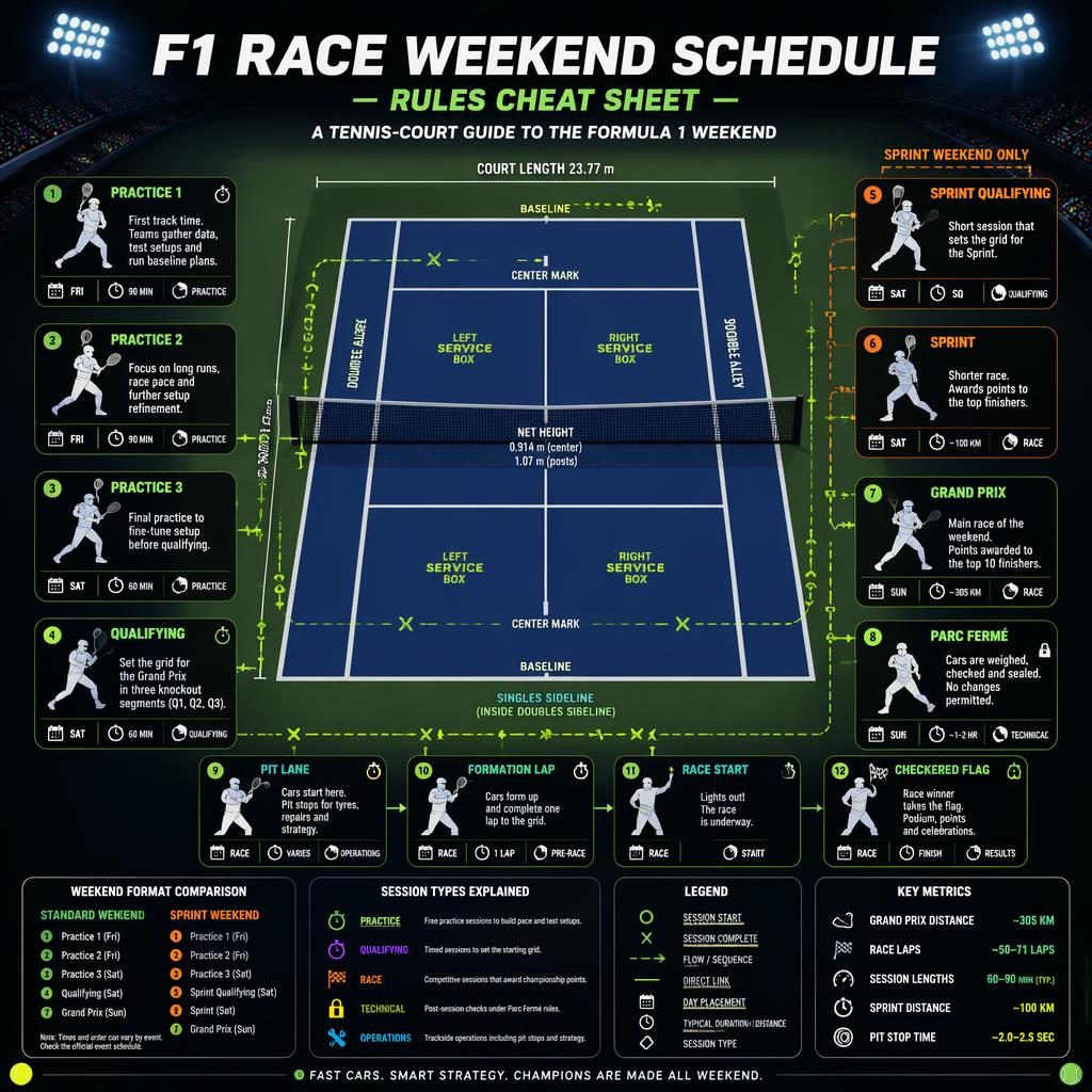 Tennis-court-style F1 race weekend schedule infographic with labeled sessions, arrows, legend, and neon sketchnote layout