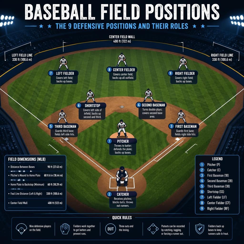 Top-down baseball field infographic with 9 defensive positions, labels, role captions, legend, and dark neon stadium style.