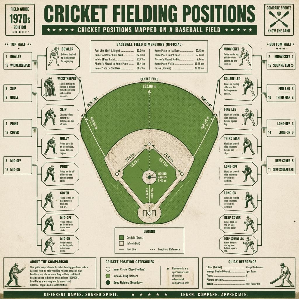 Retro green sports infographic with bracket layout around a top-down baseball field mapping cricket fielding positions.
