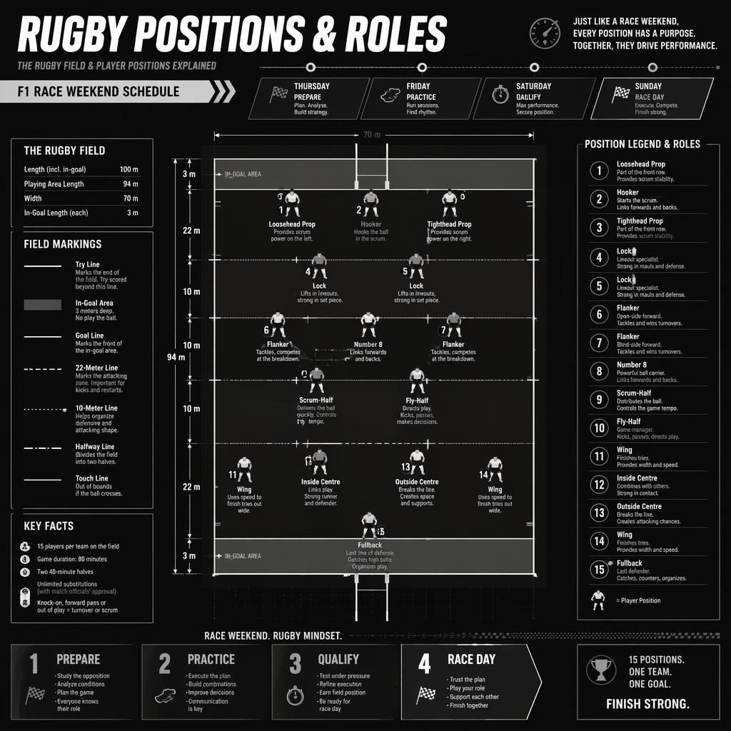 Top-down rugby field infographic with player position icons, English labels, legend, and timeline-style schedule panels.