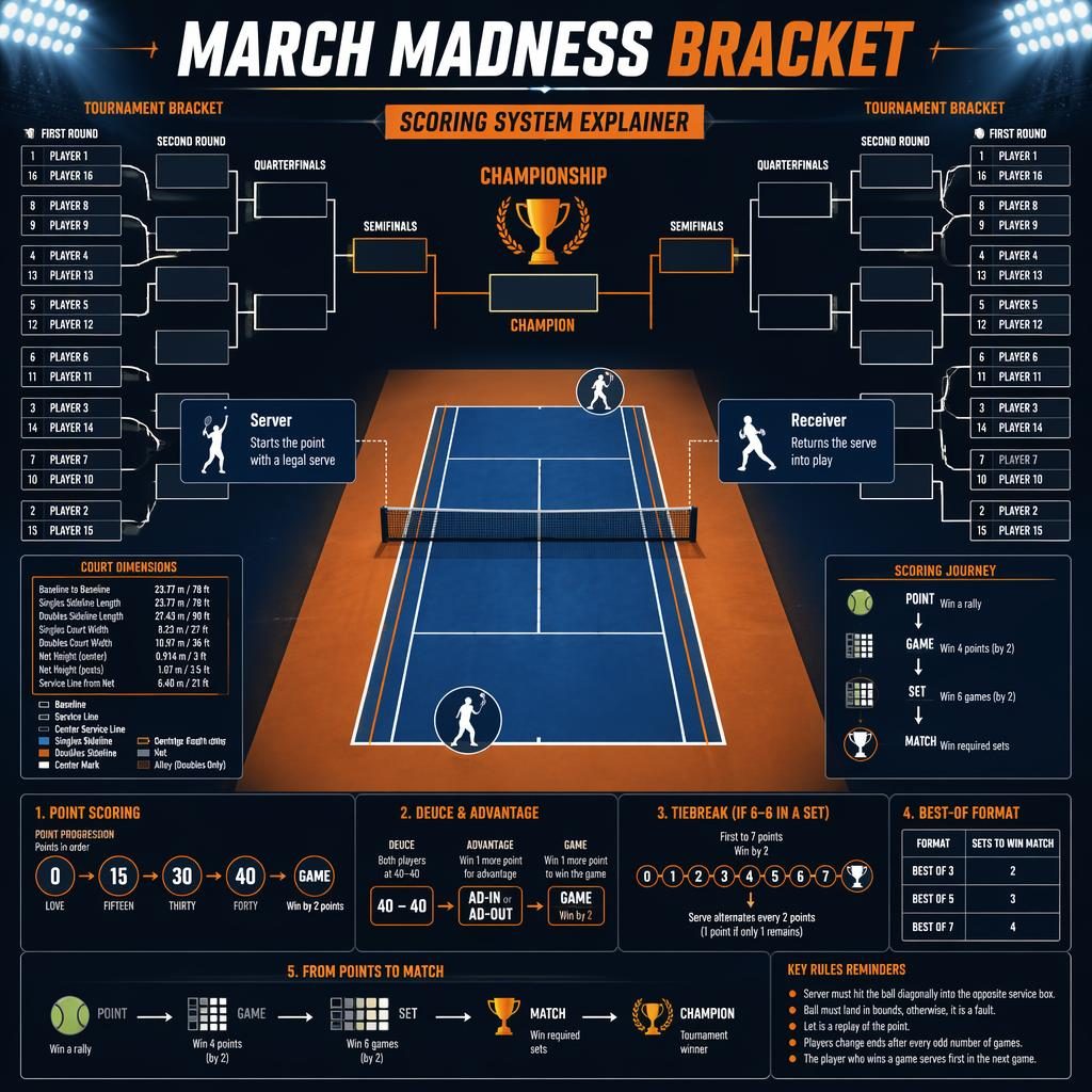 Top-down tennis scoring infographic with tournament bracket, dark stadium court, server and receiver labels, and rules flow.