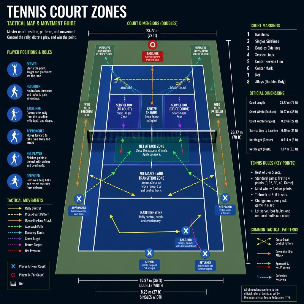 Top-down tennis court zones infographic with scaled markings, Xs and Os, movement arrows, player icons, and English labels.