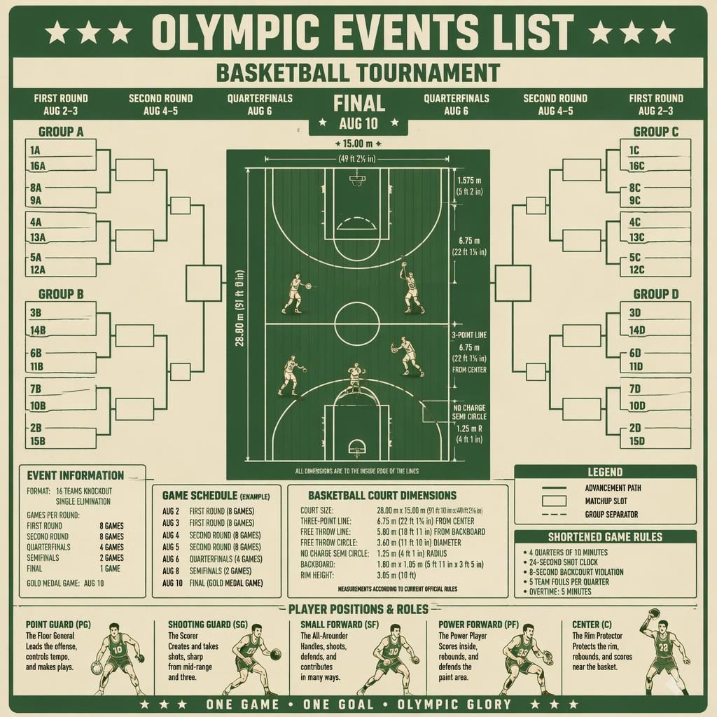 Retro green and white basketball tournament bracket infographic with a scaled court, player icons, position labels, legend boxes, and schedule panels.