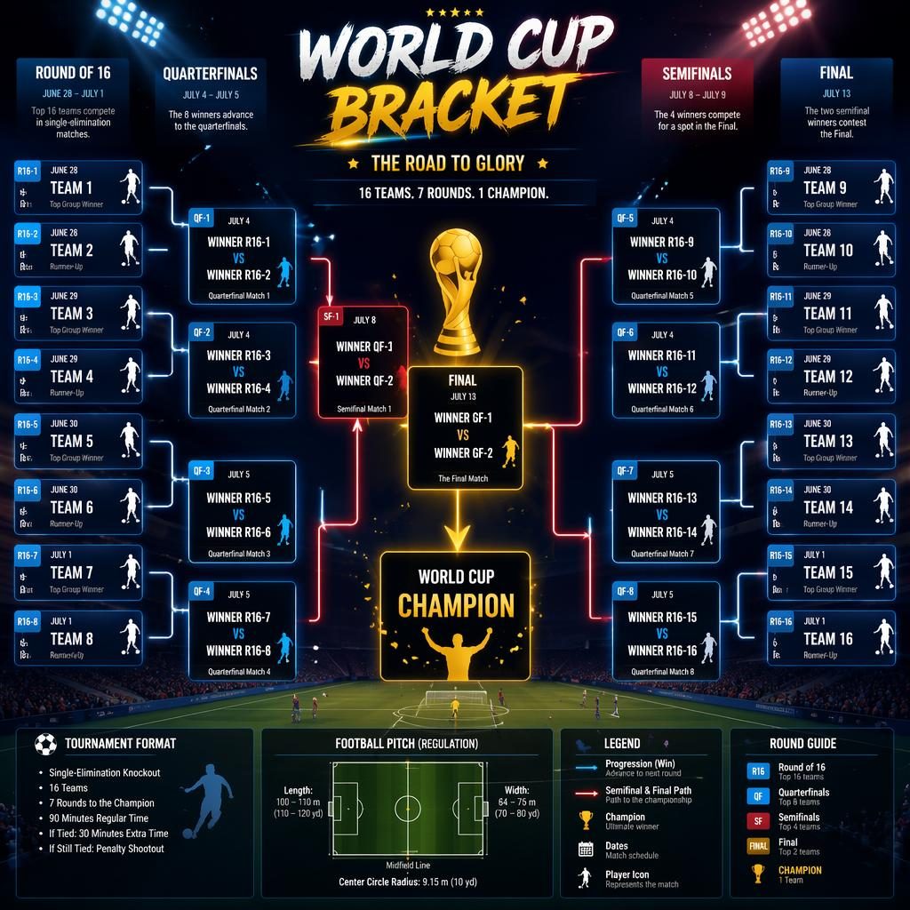 Sports infographic of a World Cup bracket with Round of 16 to Final, neon stadium palette, soccer pitch background, icons.