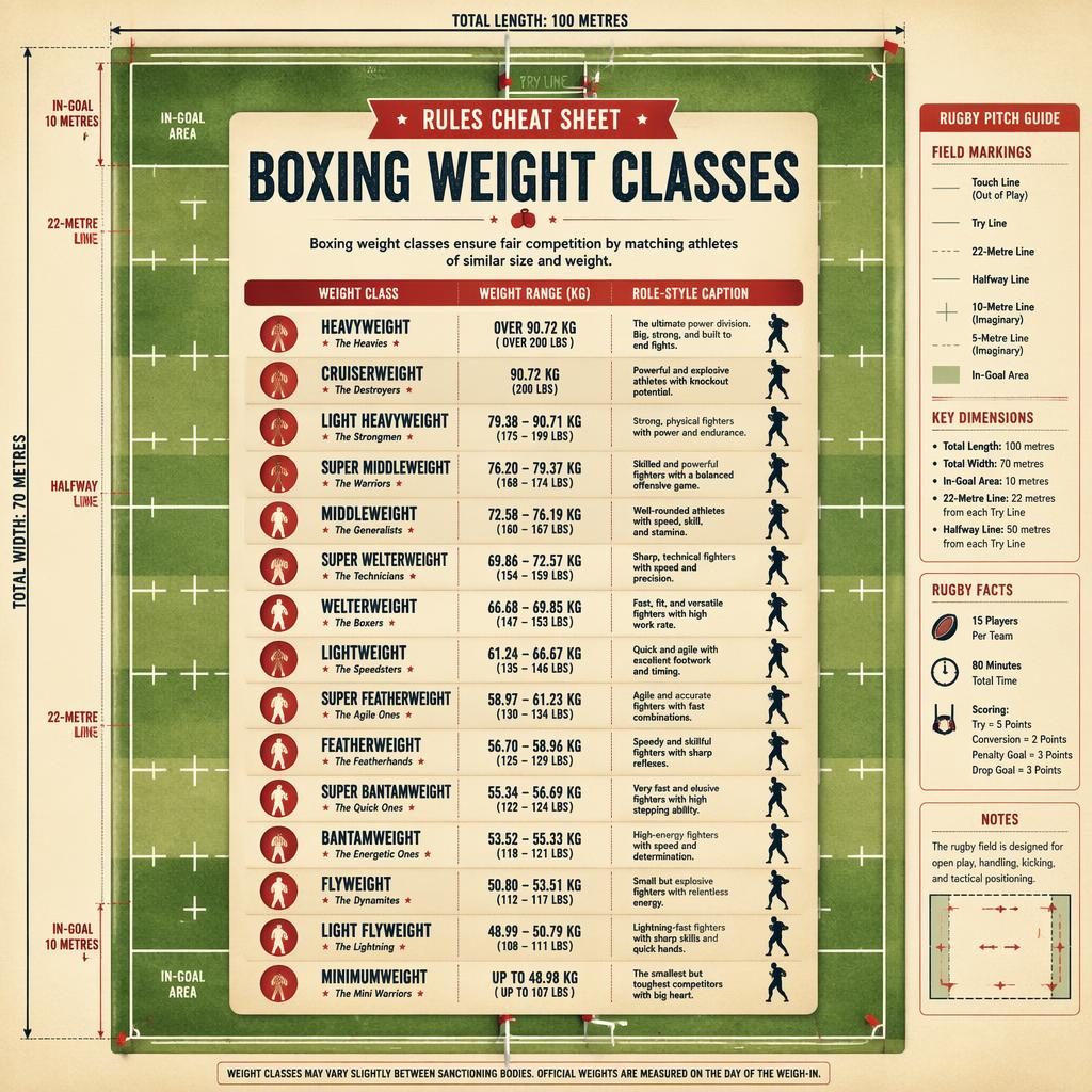 Vintage cream and red sports infographic with rugby field diagram and boxing weight class cheat sheet panels.