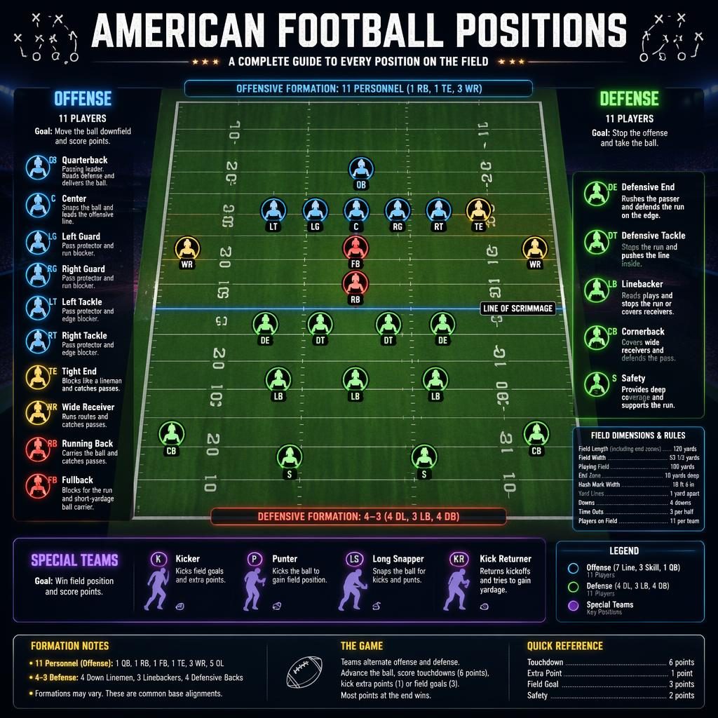 Top-down American football positions infographic with labeled offense, defense, and special teams on a neon field.
