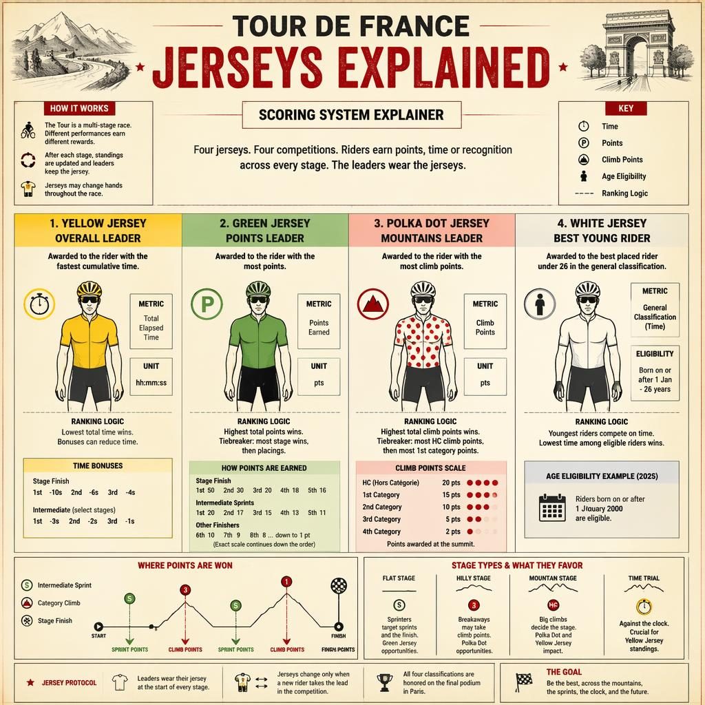 Editorial cycling infographic showing Tour de France jersey categories with rider icons, metric callouts, arrows, legend boxes.