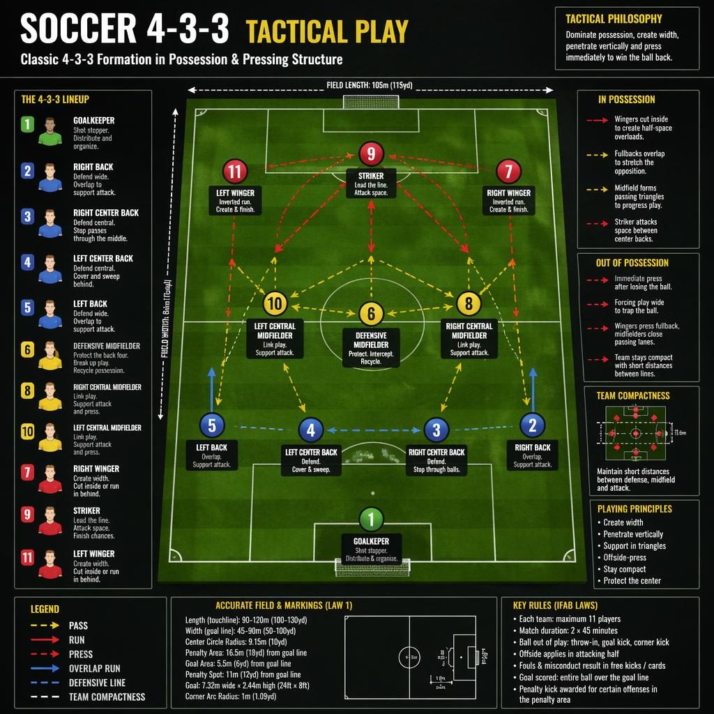 Top-down soccer pitch infographic showing a 4-3-3 formation with labeled player roles, arrows, Xs and Os, and legend.