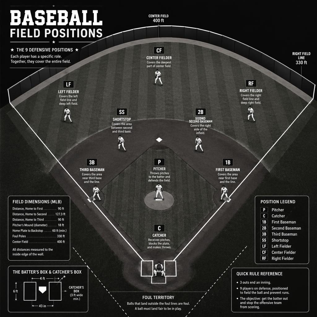 Top-down baseball field infographic with 9 defensive position icons, English labels, legend, and rulebook dimensions.