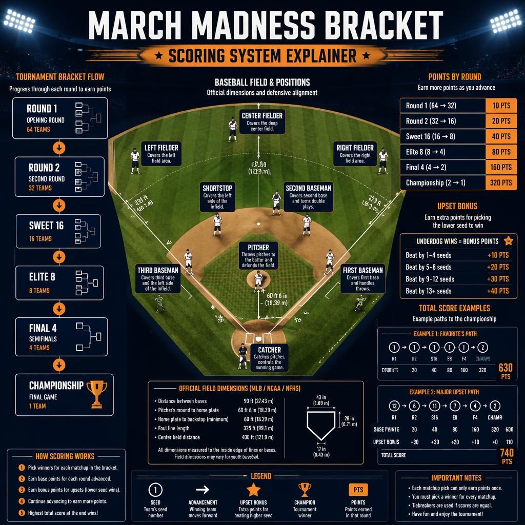 Editorial baseball infographic in a dark stadium with a top-down field, player icons, labels, and bracket scoring panels.