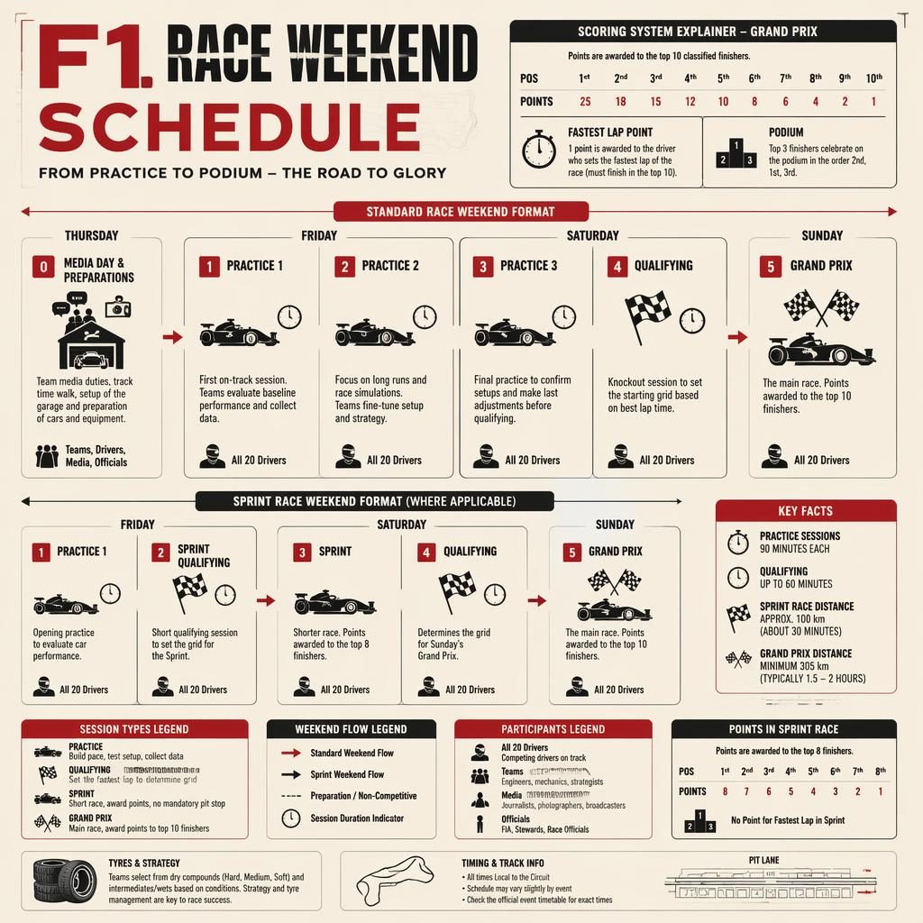 Vintage cream and red F1 race weekend schedule infographic with standard and sprint timeline panels, icons, legend, and flow arrows.