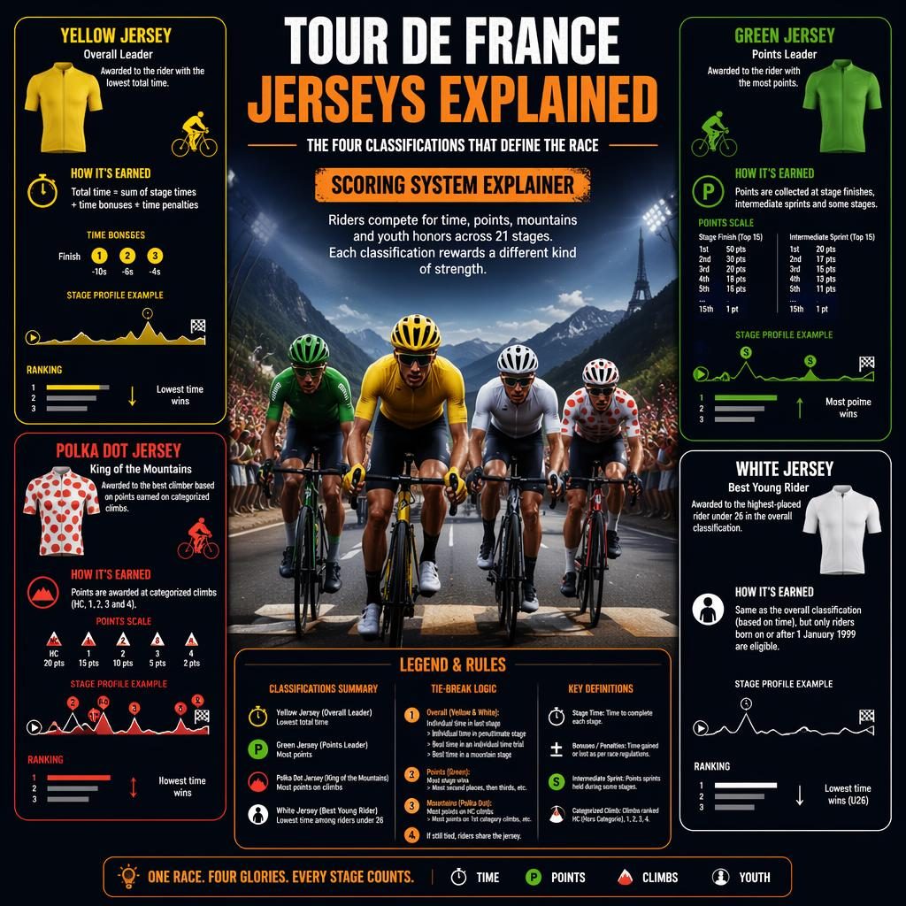 Sports infographic showing Tour de France classification jerseys with central cycling race scene and four scoring panels.