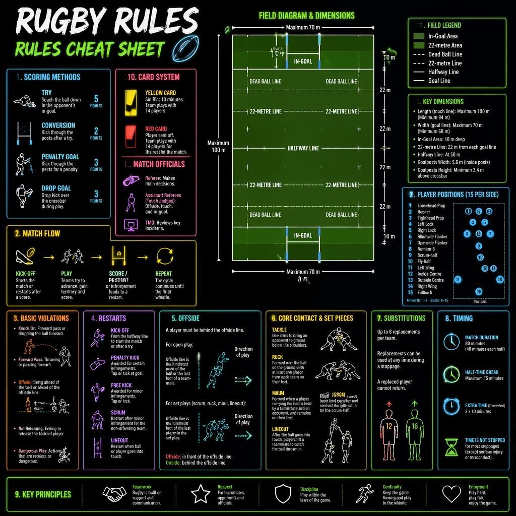 Dark neon rugby rules infographic with field diagram, scoring, scrum, lineout, cards, timing, and player icons.