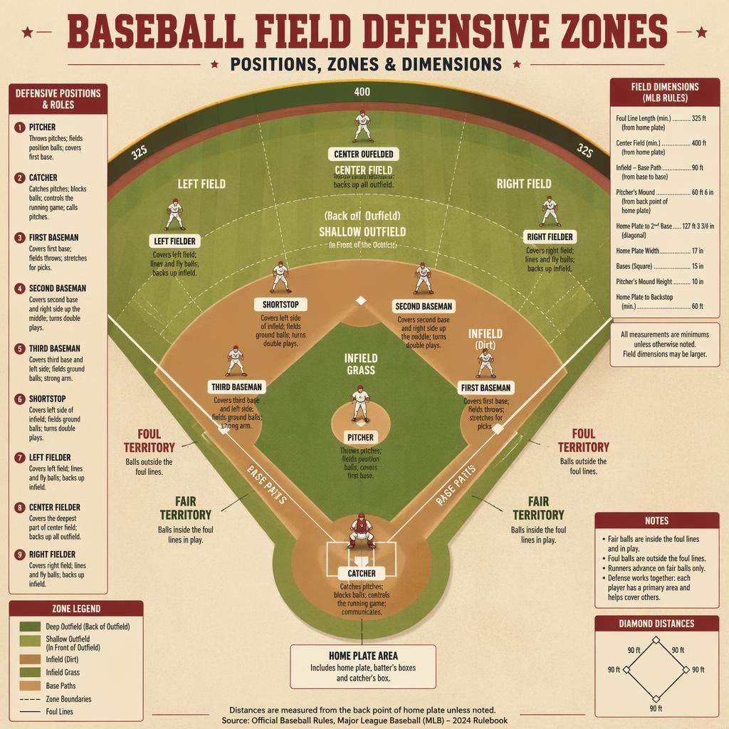 Top-down baseball field defensive zones infographic with player positions, labels, rulebook dimensions, and vintage cream red styling.