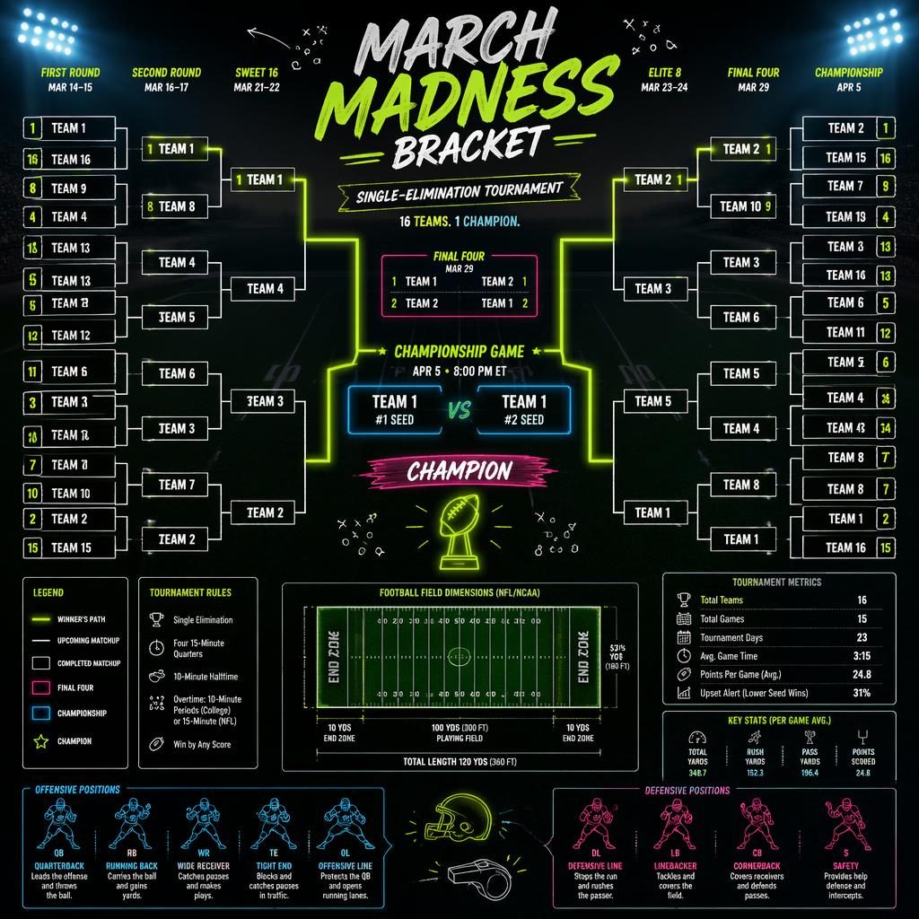 Neon dark stadium infographic showing a single-elimination tournament bracket on a football field with icons and labels.