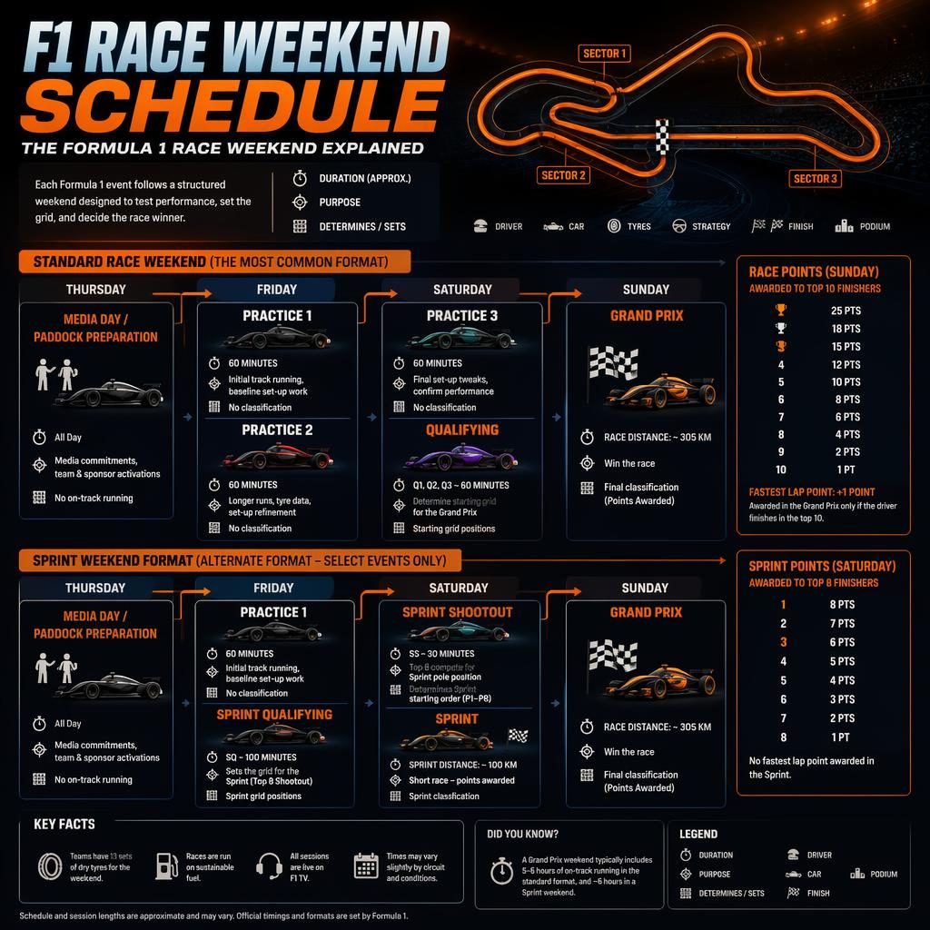 Dark orange and navy F1 race weekend infographic with standard and sprint schedules, circuit map, icons, and points boxes.
