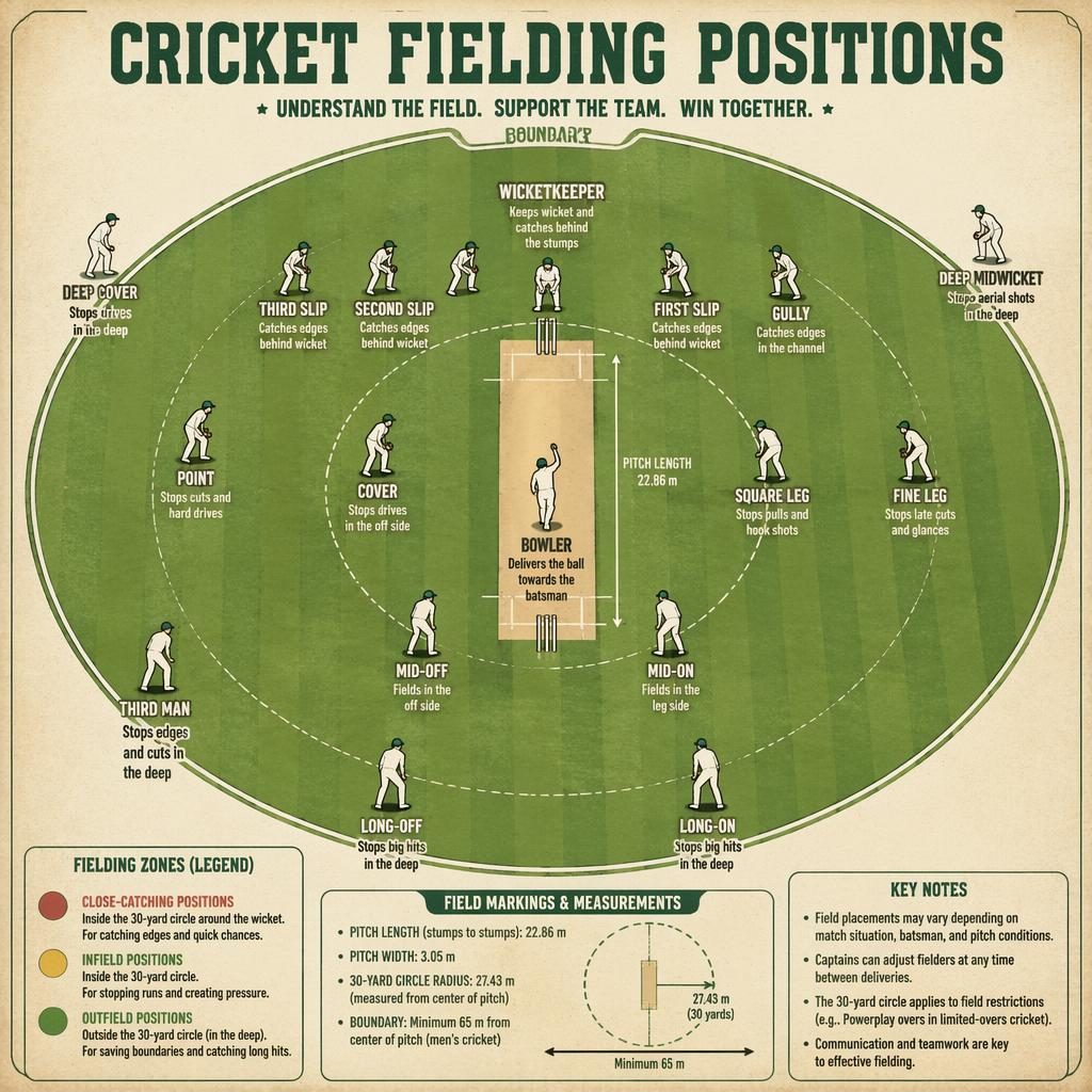 Top-down cricket field infographic with labeled fielding positions, player icons, legend, wickets, inner ring and boundary.