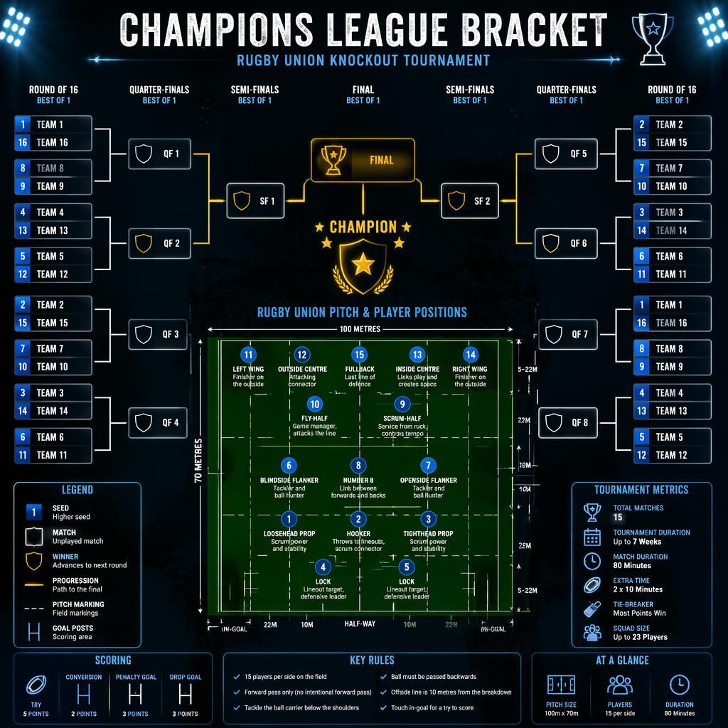 Dark neon rugby tournament bracket infographic with rounds, final champion, scaled pitch, player position icons, legend.