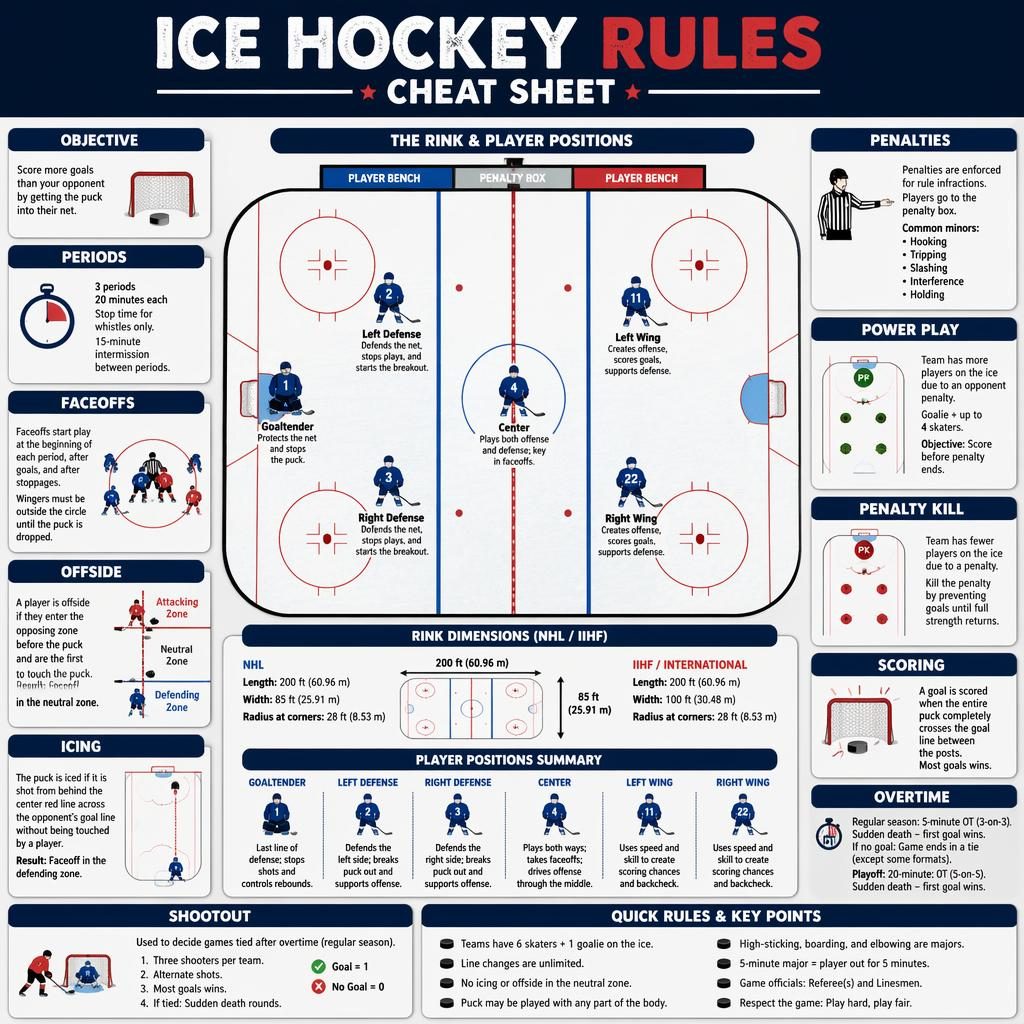 Top-down ice hockey rules cheat sheet infographic with rink diagram, player positions, and rule panels in retro flat style.