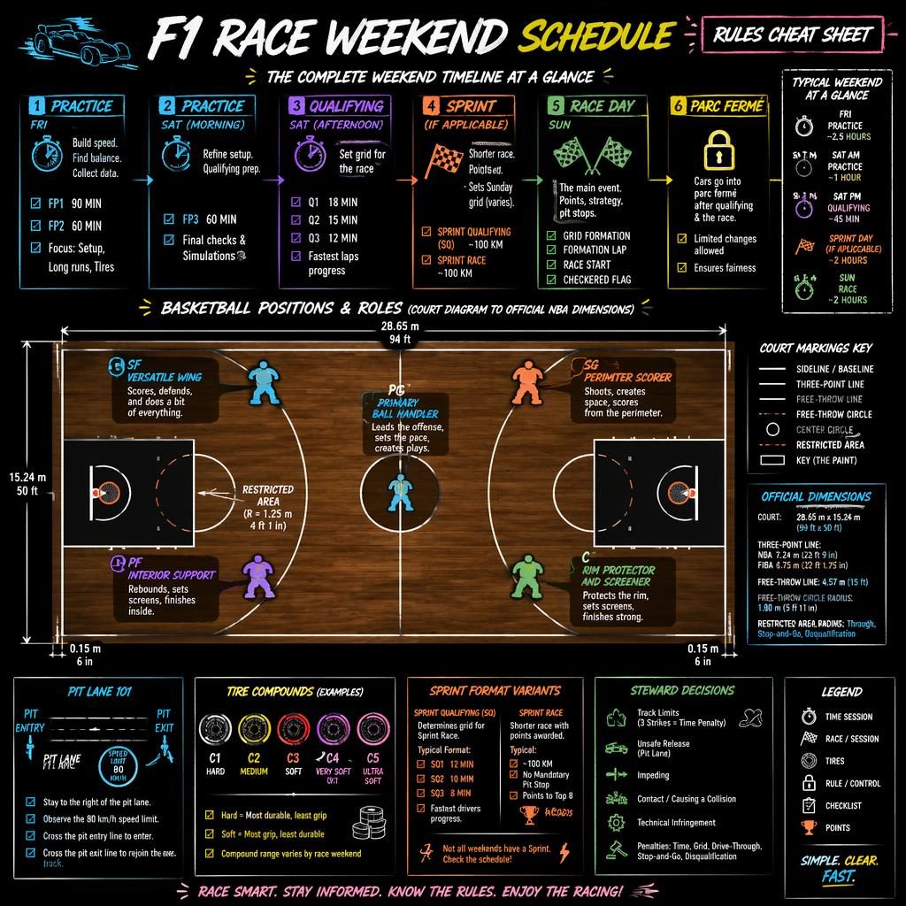 Neon sketchnote infographic of an F1 race weekend schedule over a top-down basketball court with player icons and timeline panels.