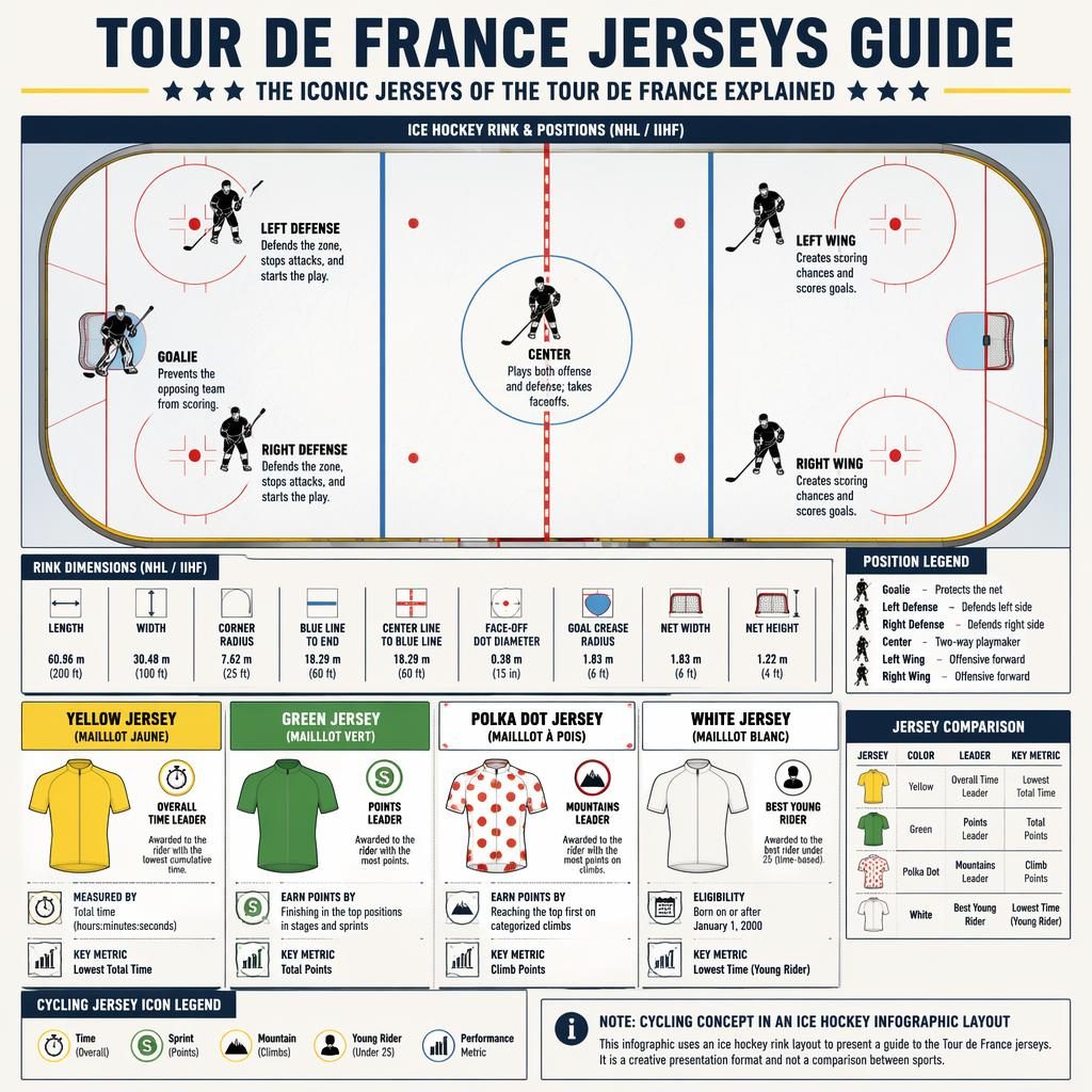 Sports infographic showing a top-down ice hockey rink diagram with player positions and boxed Tour de France jersey guide panels.